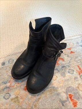 Frye Black Leather Ankle Booties with Side Buckle